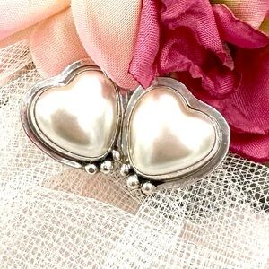 Romantic Sterling Silver Heart Earrings Faux Pearl Post Studs